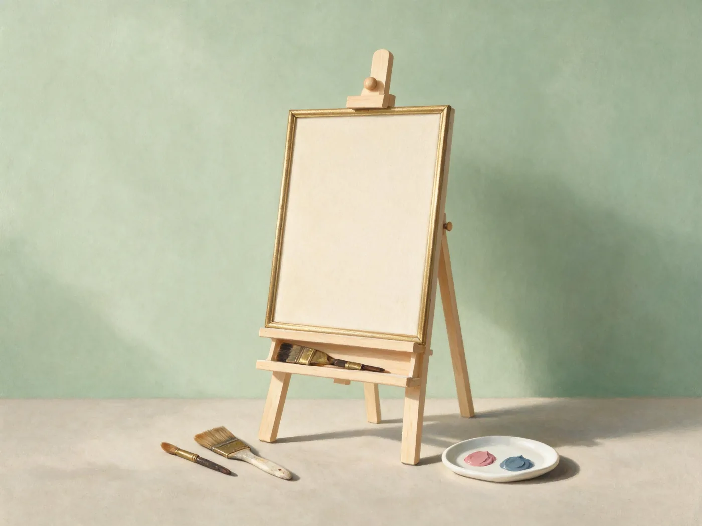 Easel with a framed canvas in a pastel studio